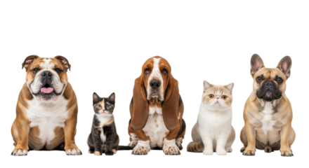 Five diverse pets (English Bulldog, Basset Hound, French Bulldog, Exotic Shorthair cat, tortoiseshell kitten) sit calmly on a transparent studio background with copy space, soft light.