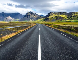 Naklejka premium A paved road stretches through a landscape of rolling hills, showcasing a serene and adventurous journey.