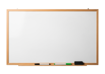 Blank white dry-erase board with light brown frame, faint erased marks, dry-erase markers & eraser on edge, transparent wall, bright studio light. Concept of organized potential