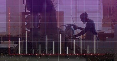 Woodworker operating miter saw in woodshop, with purple grid, 3D bar chart overlay, copy space