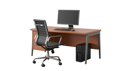 A workstation setup featuring a desk, computer, keyboard, mouse, chair, and computer tower on black