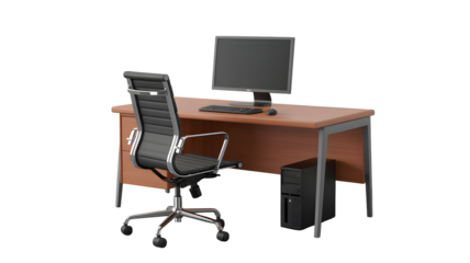 A workstation setup featuring a desk, computer, keyboard, mouse, chair, and computer tower on black