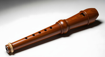 Naklejka premium Elegant Recorder Instrument: A detailed shot of a classical wooden recorder, showcasing its fine craftsmanship and intricate design, placed against a soft backdrop.