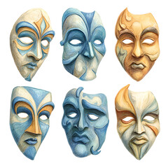 Dramatic theatrical masks collection isolated on transparent background
