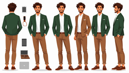 Stylish man in brown and green suits, multiple poses.
