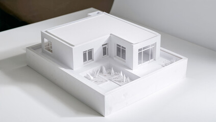 Architectural model of a modern house on a white surface.