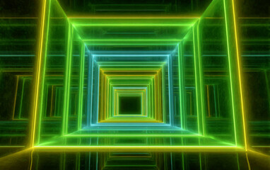 Vibrant Neon Light Tunnel with Multiple Rectangular Frames