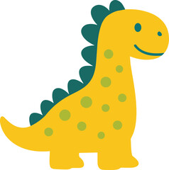 cartoon yellow dinosaur with green spots and teal spikes along its back, smiling cheerfully.