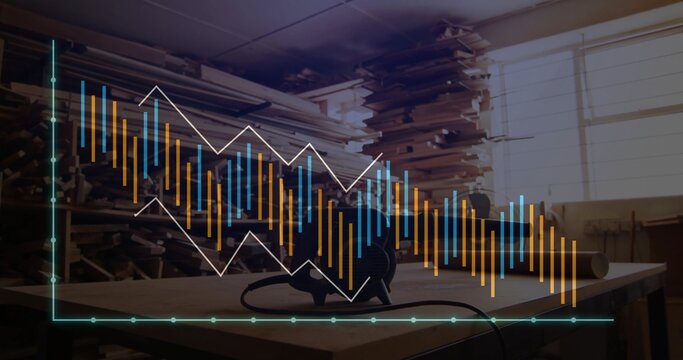 Featuring circular saw sitting on workbench in workshop, with planks, blinds, chart overlay