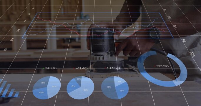 Using orbital sander, carpenter sanding wooden plank at workshop, with line graphs and pie charts