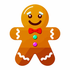 Obraz premium Cartoon illustration of a smiling gingerbread man with a red bow tie and colorful candy buttons.