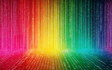 Colorful binary code pattern with rainbow gradient background