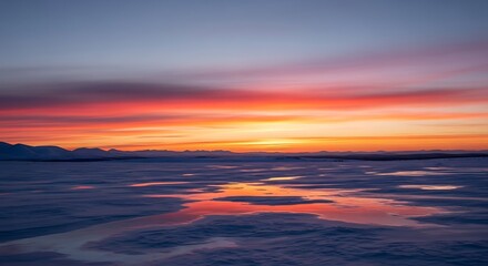 Obraz premium Fiery Sunset Over a Frozen Arctic Landscape with Reflecting Waters