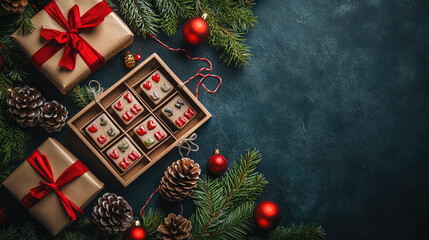 flat lay of christmas advent calendar with candy small gifts pine cones garlands cozy winter atmosphere festive holiday countdown seasonal decoration home interior