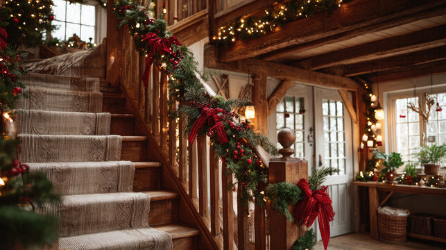 Wooden staircase adorned with pine garlands, twinkling fairy lights, and red bows, radiating warm holiday charm and rustic Christmas spirit - Powered by Adobe