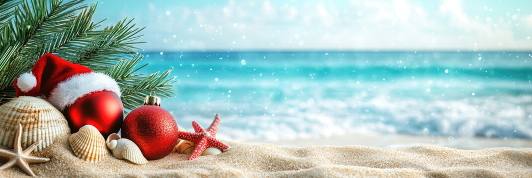 Santa hat, red christmas baubles, seashells and starfishes lying on the beach sand, with turquoise sea in the background creating a festive holiday atmosphere. Copy space, banner - Powered by Adobe