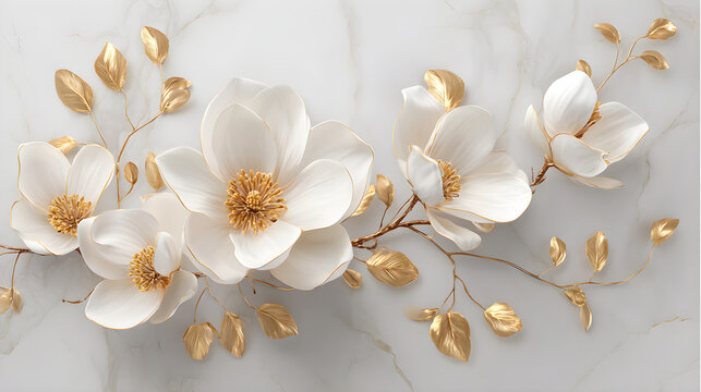 Elegant white flowers with golden leaves on a marble background creating a luxurious ambiance