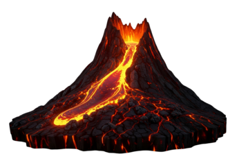 A dramatic volcanic eruption showcases molten lava flowing down a jagged mountain peak against a stark black backdrop.