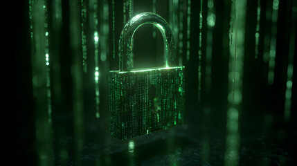 Digital padlock surrounded by glowing binary code in a futuristic green environment