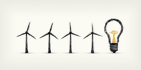Sustainable Idea: Illustrated image featuring wind turbines symbolizing clean energy and a light bulb representing sustainable ideas.