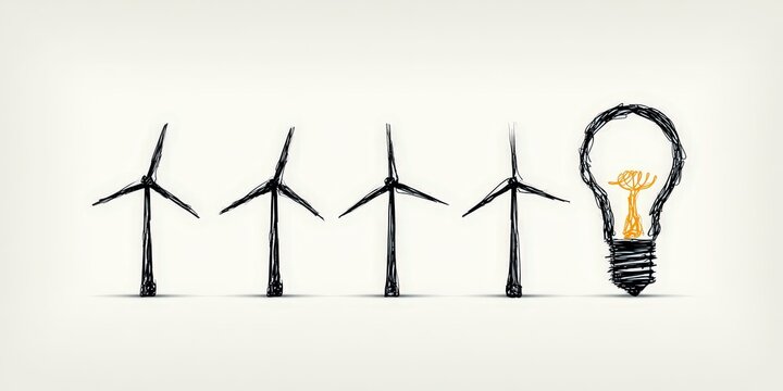 Sustainable Idea:  Illustrated image featuring wind turbines symbolizing clean energy and a light bulb representing sustainable ideas.