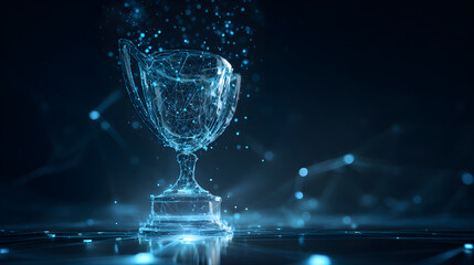 Futuristic digital trophy with glowing particles and abstract background for achievement concept