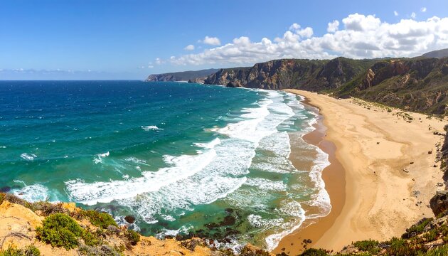 Panoramic coastal view of a sunny beach