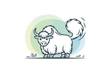 Bold Yak Running in Grassy Field - Striking Black and White Illustration for Wildlife, Nature, and Symbolism Designs with Vector Graphic Appeal.
