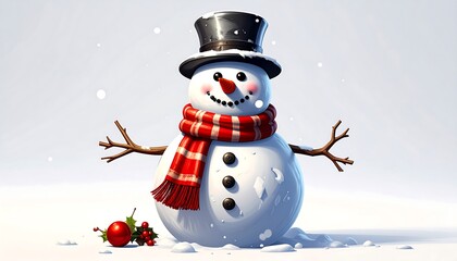 Obraz premium A cheerful snowman, adorned with a red and white checkered scarf, stands on a bed of snow, radiating holiday cheer.