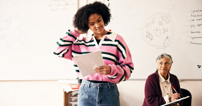 Education, oral presentation and thinking with student girl in science class for assessment or speech. Confused, scratching head and talking with teen at college or university for learning or study - Powered by Adobe