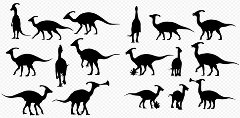 A collection of black Parasaurolophus dinosaur silhouettes in various poses, including adults and juveniles, against a transparent background.