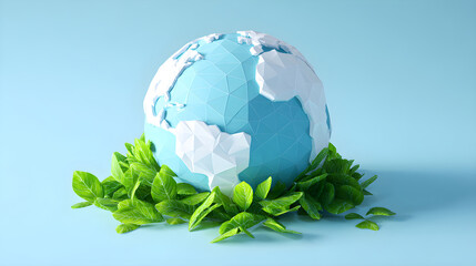 3D illustration of a geometric globe surrounded by vibrant green leaves on a soft blue background