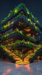 Fototapeta premium Architectural Oasis: A modern building harmoniously blends nature and architecture, boasting cascading green foliage on every tier. The building showcases an eco-friendly design with soft lighting.