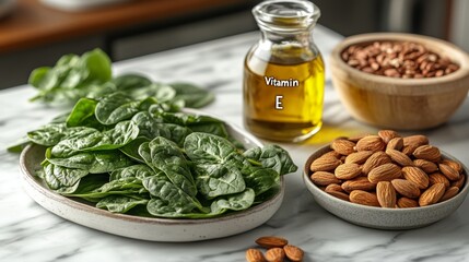 "Vitamin E" A realistic 3D rendering of sunflower seeds, almonds, a bottle of olive oil, and spinach arranged on a white marble countertop. The vitamin E molecules glow around the foods, highlighting 