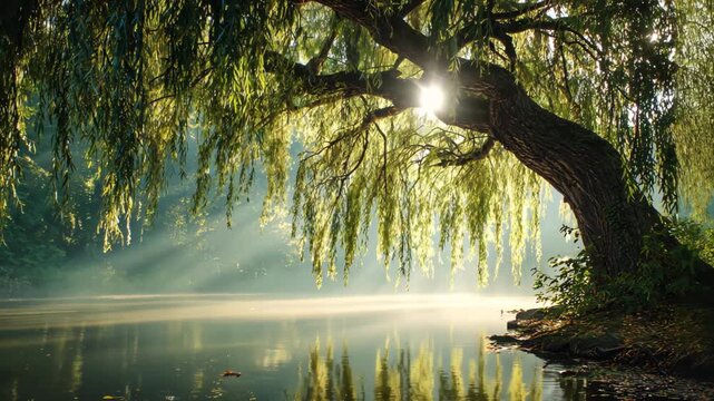 A calm and peaceful nature scene featuring a willow tree by the riverside, its long branches forming a graceful curtain of leaves that drape over the water, creating a serene and tranquil atmosphere.