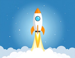 Fototapeta premium A stylized illustration of a rocket launching into a vibrant blue sky filled with stars and clouds.