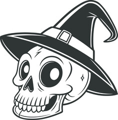 Funny Halloween Skull Character in Witch Hat Vector Art