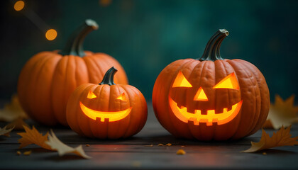 Photorealistic Halloween Pumpkins – Glowing Jack-o’-Lanterns on Wooden Table