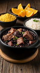 Traditional Brazilian feijoada served in a clay pot on a rustic wooden table with farofa, rice, and orange slices
