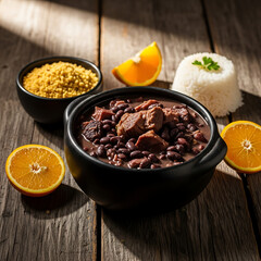 Traditional Brazilian feijoada served in a clay pot on a rustic wooden table with farofa, rice, and orange slices