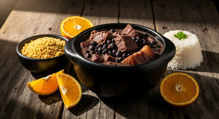 Traditional Brazilian feijoada served in a clay pot on a rustic wooden table with farofa, rice, and orange slices