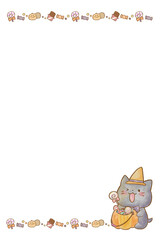 ハロウィンのかぼちゃに入ったお菓子を抱えるかわいい黒猫の水彩風イラスト｜コピースペースあり