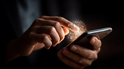 Person hands using smartphone with login interface overlay hologram for data privacy and cybersecurity authentication on dark background. data privacy online security identity