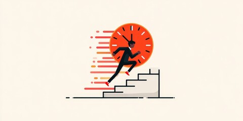 Chasing the Clock: A dynamic illustration captures a determined figure racing up stairs with a clock, symbolizing the relentless pursuit of time. A modern artistic take on efficiency and deadlines.