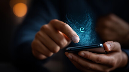 Person hands using smartphone with login interface overlay hologram for data privacy and cybersecurity authentication on dark background. data privacy online security identity