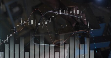 Overlaying financial chart over gym treadmill console showing candlesticks histogram and trend lin