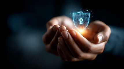 Cybersecurity expert hands holding glowing shield and padlock icon hologram for secure network and digital safety on dark background. cybersecurity data protection secure network