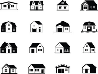 Fototapeta premium Set of sixteen black and white house icons, various architectural styles, residential building silhouettes, vector design, real estate, home symbols