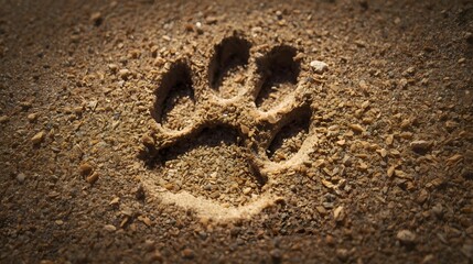Paw Print Impression: A detailed, close-up perspective of a singular paw print embedded in sand. The imprint, left by an animal, subtly speaks of the wild. 