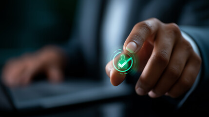Businessman hands selecting candidate with green checkmark hologram on virtual interface for hiring approval on dark background. hiring approval digital recruitment employee